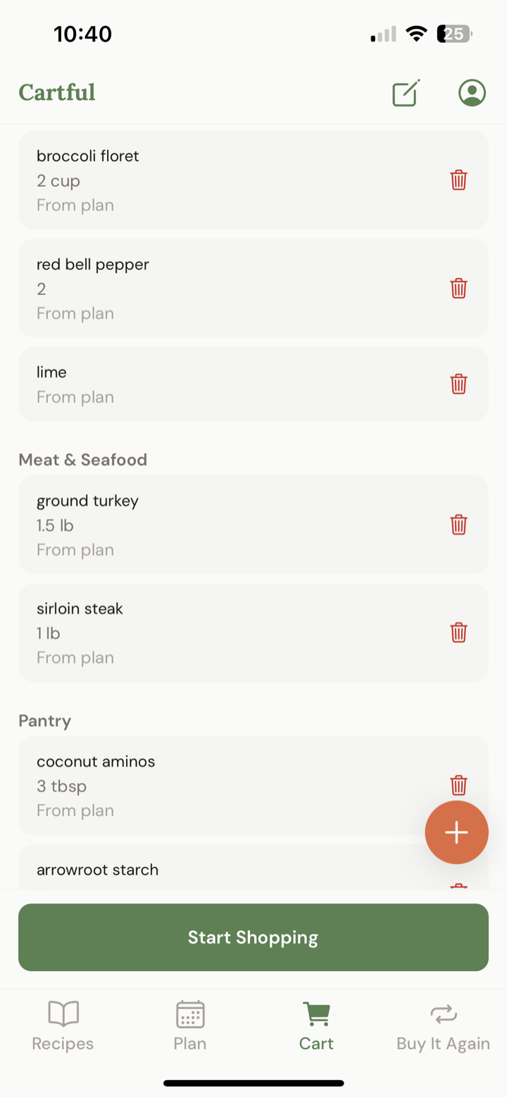 The grocery cart filling itself from the plan, grouped into produce, meat and seafood, and pantry.