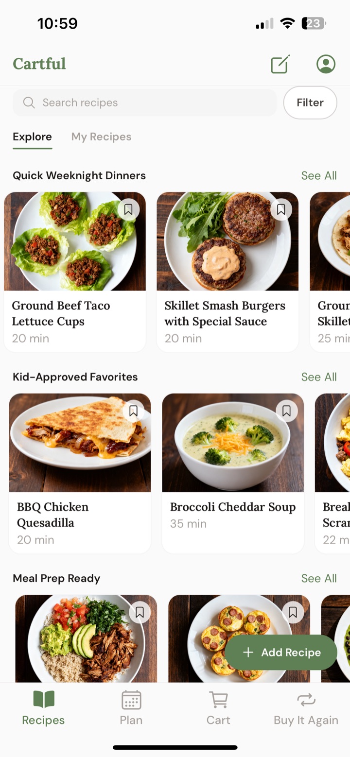 The Cartful recipe explore screen with weeknight dinners, kid-approved favorites, and meal-prep recipes.